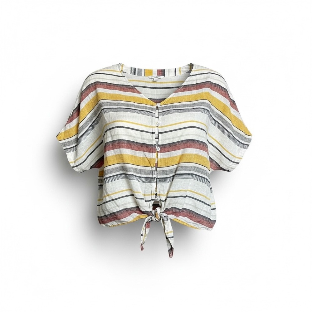 Beachlunchlounge Linen Blend Striped Tie Front Top Large Coastal Linen Beach